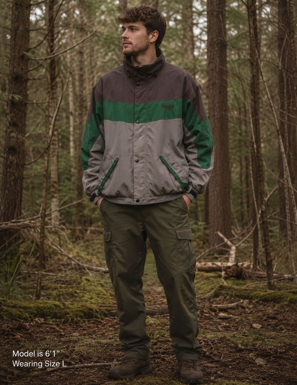 Men's Full Zipper Jacket Coleman Hooded Green and Gray Size L